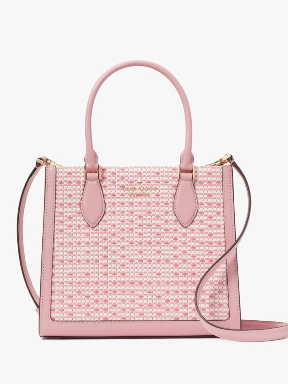 KATE SPADE NEW ELLIE SMALL PINK TWEED LEATHER TOTE WITH STRAP